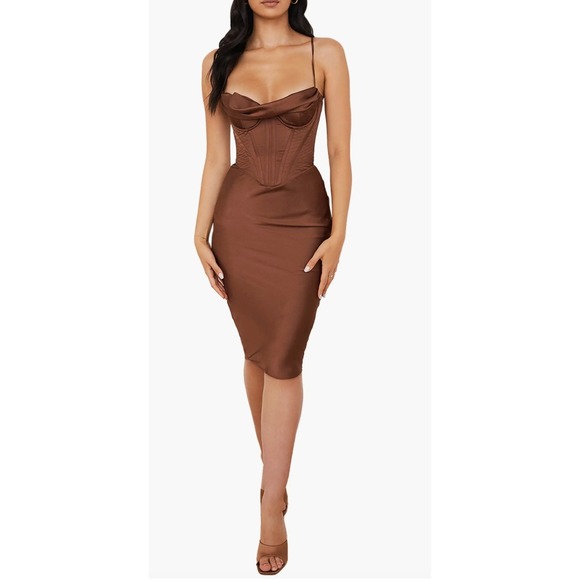 House of CB Dresses & Skirts - House of CB Myrna Satin Corset Midi Satin Dress Chocolate Brown XS